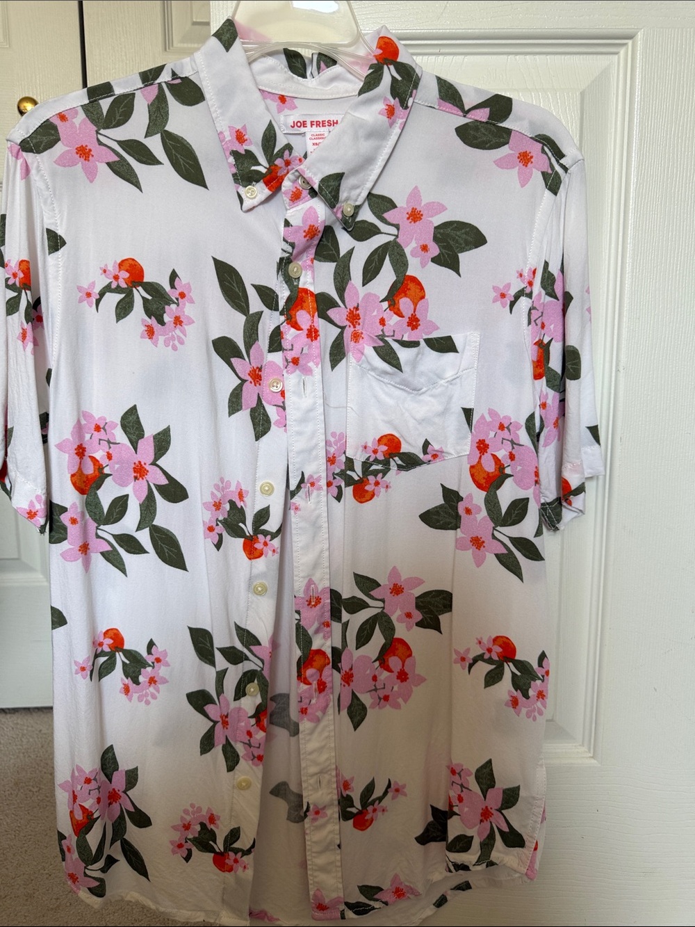 Joe Fresh White Floral Button-Down Shirt with Pink & Green Print